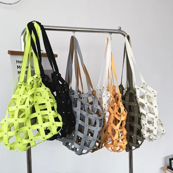 Тъкани памучни мрежести Торби През Рамо, за жени 2021new Лятна Мода Нитове Бижута на Марката Дизайнерски рамо Чанти Лотария