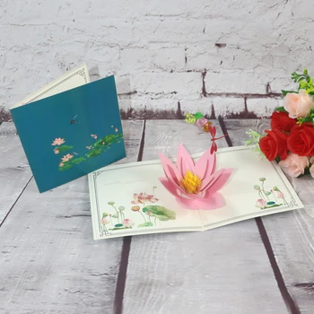 3D Ръчно изработени водно Конче Розово Цъфнал Лотос Хартиени Поздравителни Картички Картичка за Деня на Благодарността на Майката Рожден Ден на Творчески Подарък