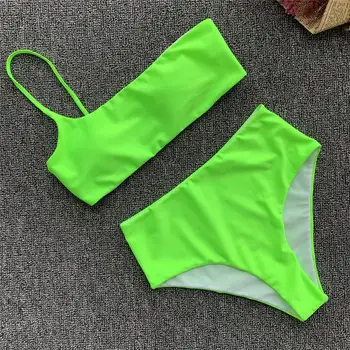 Mossha one shoulder swimsuit женски бански костюм с висока талия бикини push up кордела за глава swimwear woman 2019 прашки бански неон зелен купальщики