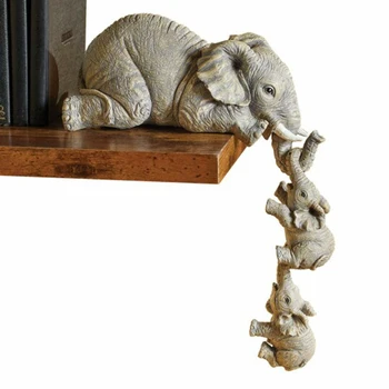 Слон гледане на деца, Ръчно Рисувани Смола Фигурки 3шт Майка И Две Бебета Виси От Ръба на Рафта Масата, за Декорация на Дома