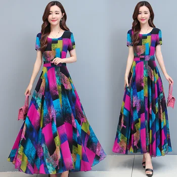 Лятото женствена рокля, нова имитация на ледената покривка коприна корейската версия с къси ръкави голям размер темпераментен пола с А-силует, талия-коляно