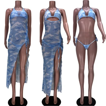 HAOYUAN Вратовръзка Боядисват Mesh Sheer 3 Piece Swimsuit без гръб Crop Top Прашки Bandage Maxi Dresses Cover Up Summer Beachwear Секси Outfits