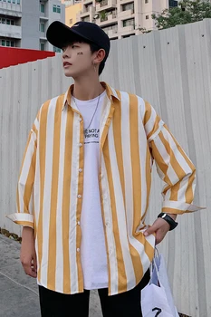 Корейски Стил Шарени Мъжки Ризи Мода Ежедневни Риза С Дълъг Ръкав Градинска Облекло Жълто/Тъмно синьо 2021 Пролет Лято