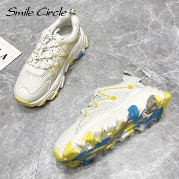 Smile Circle Дамски маратонки Обувки на равна платформа Пролетната мода чрез шнурове през Цялата чорап Дебела подметка набит маратонки Дамски обувки