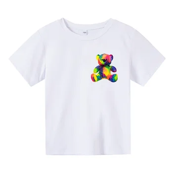 Лятна Мода прекрасен Мечка печат на Тениска Деца Момчета С Къси Ръкави и Бели Тениски, Бебешки, Детски Памучен Потник За Момичета Дрехи