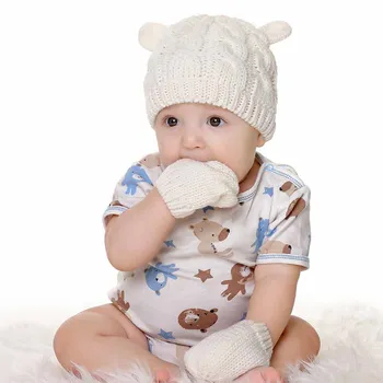 2021 New Baby Kids Момичета и Момчета Winter Knit Warm Hat Ear Solid Warm Сладко Ръкавица 2pcs Стара Шапка Cap 0-18M Baby Baby Girl