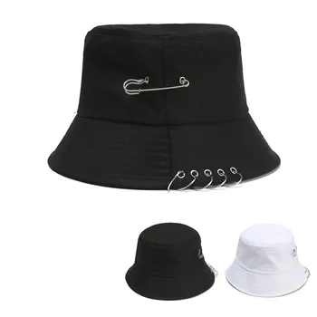 Готика Момиче Harajuku Hat Female Ins Trendy High Street Hip Hop Пин Rings Dark Cross Bucket Caps Summer Гръндж Brim Hat Women Black