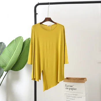 Голям Размер Тениски с дълги ръкави Жени Мазнини ММ Свободни Средна дължина 2021 Нов Стил на Кутията на Корема Нередовни Тънък Спускане Ризи Жени
