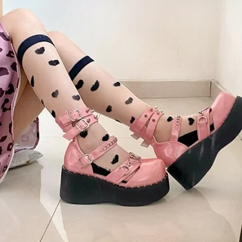 Дамски Лолита Метална Тока През Цялата Чорап Сърцето Верига Готик Пънк Помпи Обувки Криперы Японски Harajuku Платформа Черно Розово 2021