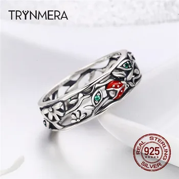 Trynmera Authentic 925 Sterling Silver ladybug with Twisted Tree Leaves Ring for Women Sterling Silver Jewelry TR111