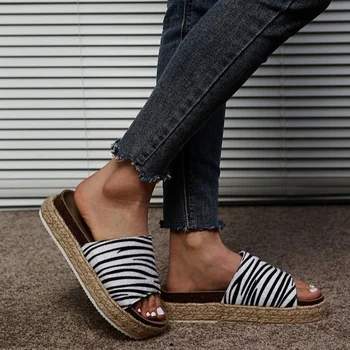 Флок Леопард Черно бели дамски сандали на платформа, Обувки за жени 2021 Sandalias Sandles Дамски дамски обувки, Чехли Лято