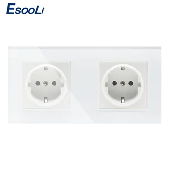 Esooli EU Standard 2 Gang Wall Power Socket, Бяла панел от кристално стъкло, Производител на електрически контакт 16А, GB-C7C2EU-11