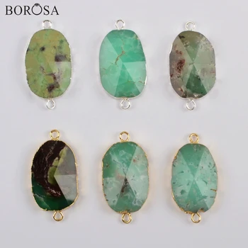 BOROSA 5Pcs Gold/Silver Plated Natural Australian Jades Graneted Connector Jaspers Double Charms for Necklace Jewelry G1865