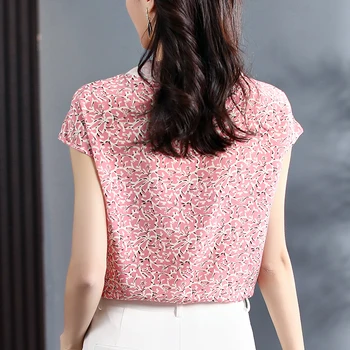 2021 Лятото Естествена коприна Дамски Розова Риза Елегантен Отложной Яка С Къс Ръкав Чиста естествена коприна Офис дама печатна блуза