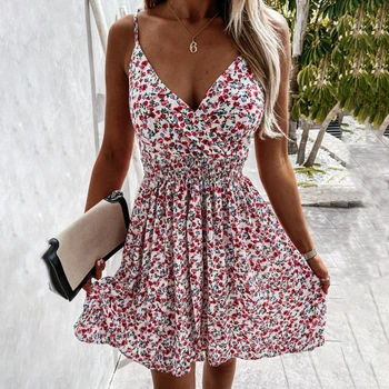 Лятото Секси рокля с V-образно деколте на Гърба Мини Плажни Рокли За Жени 2021 Ежедневна Мода Цветен Принт Без Ръкави, къса Рокля Жена