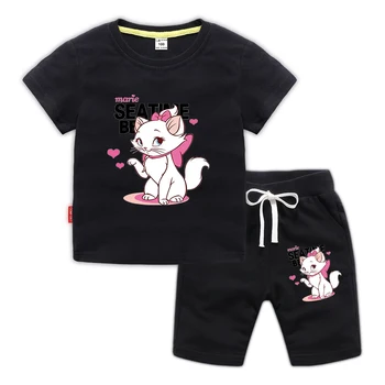Лято 2021 2-10 години Мари Котка Clothes Блузи с къси Ръкави за Момичета Aristocats Cat Tshitrs Сладко Baby Clothes Set