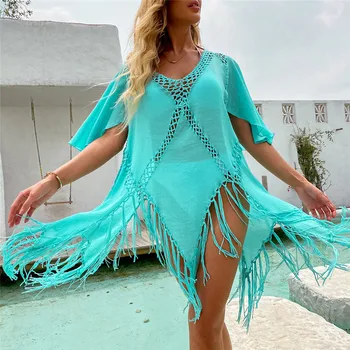 In-X Hollow out бряг носете Solid cover-ups women Tassel beach dress summer swimsuit cover up sexy bikini beach tunic quick dry