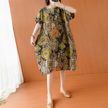Извънгабаритни женски памук спално бельо, Ежедневни рокли New 2021 Summer Arts Vintage Style Print Свободни дамски рокли с дължина до коляното S3480