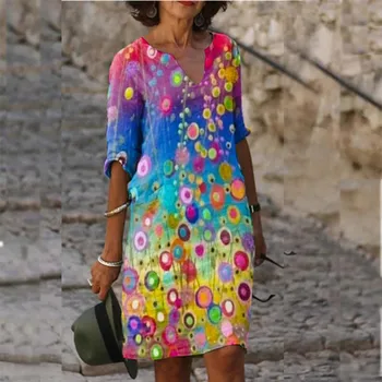 Vintage Printing Women Dress V-Образно Деколте Half Sleeve A-Line Casual Dresses 2021 Мода Spring Female Губим сарафан Lady Vestidos