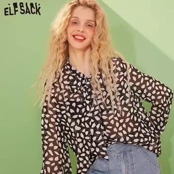 ELFSACK Graphic Print Casual See-Through Шифон Blouse Women,2021 Summer Bows Front Full Sleeve Female,Daily Thin Top