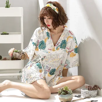 Жените 2019 лятото на нов памук японското кимоно половината ръкави, къси панталони женски плета тънка жилетка от две части пижами, комплекти, пижами, определени