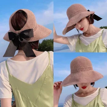 Летни дамски Слънчеви шапки С голяма Периферия Класически Лък Сгъваема Модни Сламена Шапка Ежедневни Открита Плажна шапка За жени UV-защитена от шапка