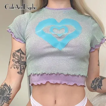 Сърцето Печат Y2K Мозайка Почиства Тениски Мода Секси Къси Ръкави Върховете Чай Сладък Crewneck Летни Естетически Върхове Cuteandpsycho