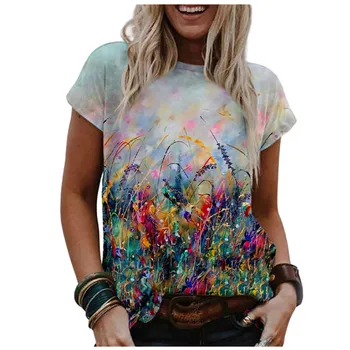 Ladies Gradient Watercolor Живопис Rainbow Women T-Shirt О-Образно Деколте С Къс Ръкав 3D Глухарче Голям Размер Топ Лято 2021