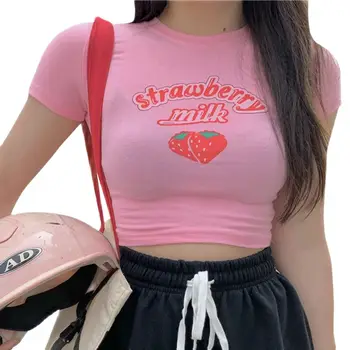 Y2k Kawaii Pink Cropped Върховете Ulzzang Harajuku Sweet Strawberry Milk Letter Print T-Shirt Корея Модни дамски Дрехи 2021