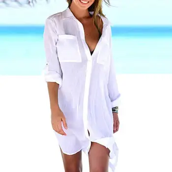 Жените копчета Надолу Джоба Плаж Прикритие Ризи Дама твърди Слънцезащитен Крем Бикини Бански Блуза Елегантни Летни Свободни Красиви ризи
