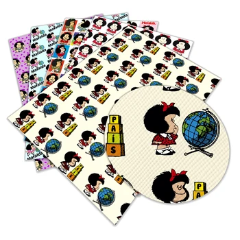 Карикатура Изкуствена Кожа Печатна Сладко Малко Момиче Mafalda Характер A4 22x30 см, Изкуствена кожа за DIY Шевни Материал