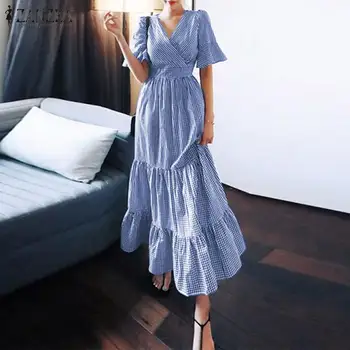 Винтажное женствена рокля с волани ZANZAE 2021 Лятото с Къс Ръкав Maxi Vestidos Случайни каре Дълъг сарафан Празнична дреха