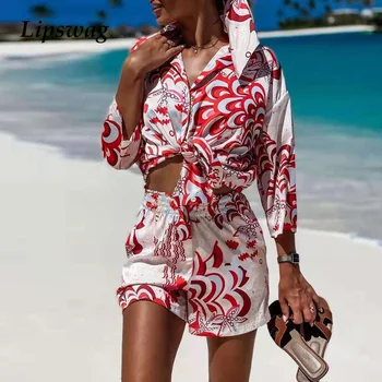 Пролет Лято Lady Сатен Плажни Костюми Елегантна Мода Дамска Риза Комплект От Две Части-Секси V Образно Деколте, Блуза, Блузи И Ежедневни Панталони Съоръжения