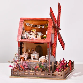 Направи си САМ Вятърна Мелница Вила Casa Дървена Куклена Къща Комплект С Миниатюрни Мебели Лесен Куклена Къща Roombox Монтируемые Играчки За Възрастни Подаръци