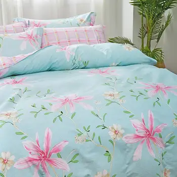 Пасторальный стил стеганое одеяло корица синьо, розово каре принцеса чаршаф с две отделни легла, пълен кралицата на поп двоен размер пухени спално бельо