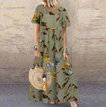Vintage Floral Print Summer Dress For Women Е Plue Size Губим Casual Dress Female О-Образно Деколте С Къс Ръкав Beach Boho Long Vestidos