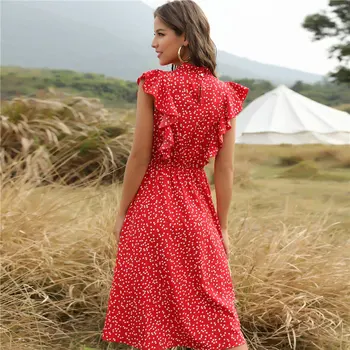 2021 New Summer Dot Print Dress Women Casual Butterfly Sleeve Ruffles Medium Long Шифоновое Рокля