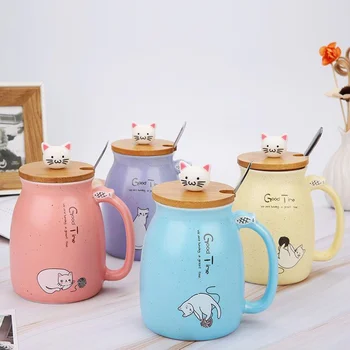 сладък котка кафеена чаша мляко люспи на чаша чаша с капаци лъжица керамична чаша кафе Карикатура смешни розови creativas tazas чаши