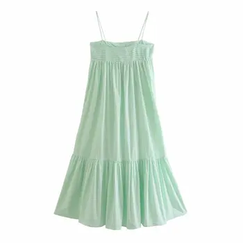 Za Dresses Green Шарени Strap Разчорлям Midi Dress Woman Summer 2021 Vintage Button Up Без Гръб Dress Women Back Еластични Vestidos