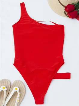 Para Praia 2021 Solid One Piece Swimwear Women Cut Out Бански Bandow Монокини Бански с едно рамо Дамски дрехи За плуване