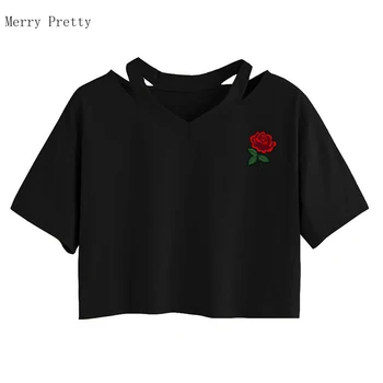 Роза Флорални апликации Изрязване на Върховете На жените 2021 Лятото на Нов Къс Ръкав V-образно Деколте, Къси Тениски Мода Корейски дамски тениски
