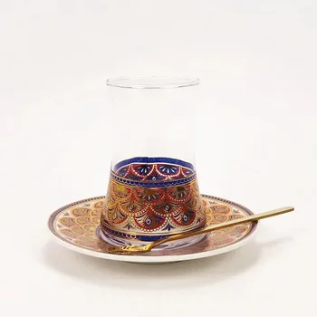 Турски Цвете Чай Стъклен Набор от Кафе Чаши и Блюдец
