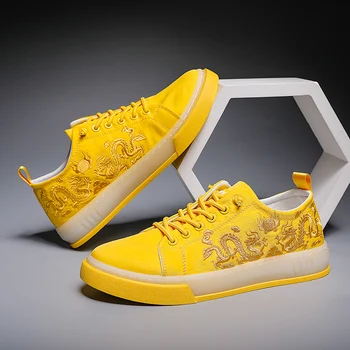Нова Бяла Модни обувки, Мъжки Ежедневни Обувки дантела Мъжки Обувки За ходене Удобна Жълта бродирани Дракон Дизайнерски Обувки Размер 44