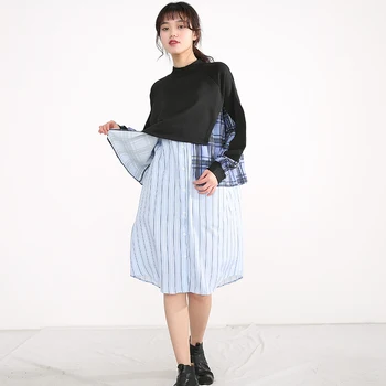 [ИАЛ] Women Plaid Pattern Midi Black Big Size Dress New Stand Collar Long Sleeve Loose Fit Мода Пролет Есен 2021 1DD363501