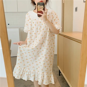 сладки сладки нощници Япония цветен принт памучни рокля домашно облекло яка с къс ръкав лятна тънка домашно облекло нощница Y552