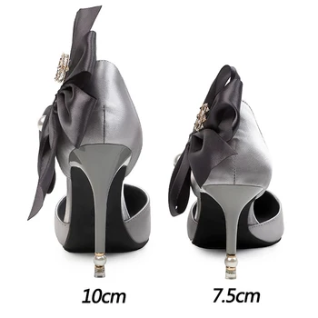 Модни високи токчета Лък Дамски обувки-лодка Копринени дамски обувки на токчета Шипове Перлени сватбени обувки Секси сандали на висок ток Дамски обувки