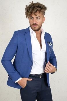 DeepSEA Male Blue Luxury Blazer Jacket Slim Fit Highquality One Button Business, Formal, абитуриентски бал, Парти, небрежно 2002222