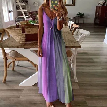 Дълга рокля Женски Тропическо печатното Рокля с каишка от 2021 Sleeeless Beach Party Dresses Women Casual Neck Robe Summer сарафан