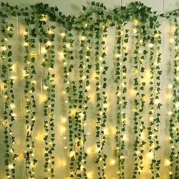 2.3 m Копринени Листа Фалшиви Лозя Зелени Листа на Бръшлян, Лоза 2 м LED Струнни Светлини За Дома Сватба Парти Виси Венец на Изкуствени Цветя