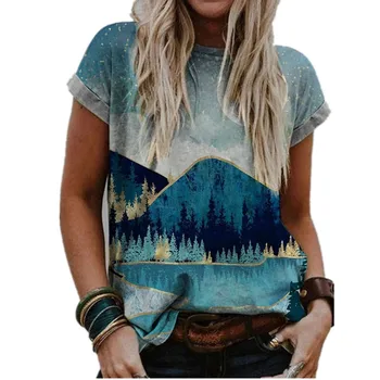 Нов 2021 Лято Жените С Къс Ръкав Тениска Мода Картина Масло Пейзаж Печат Чай Върховете Дами Случайни О - Образно Деколте И Свободни Градинска Облекло